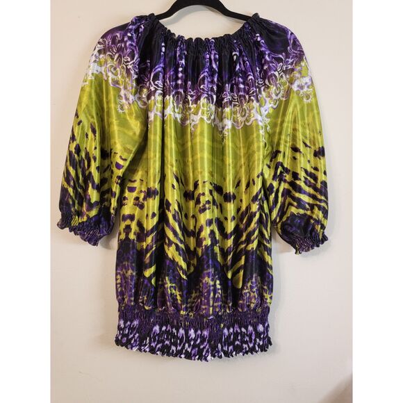 Allen B by Allen Schwartz Women Large Lime Green Purple Tie Neck Elastic Waist - Picture 1 of 5